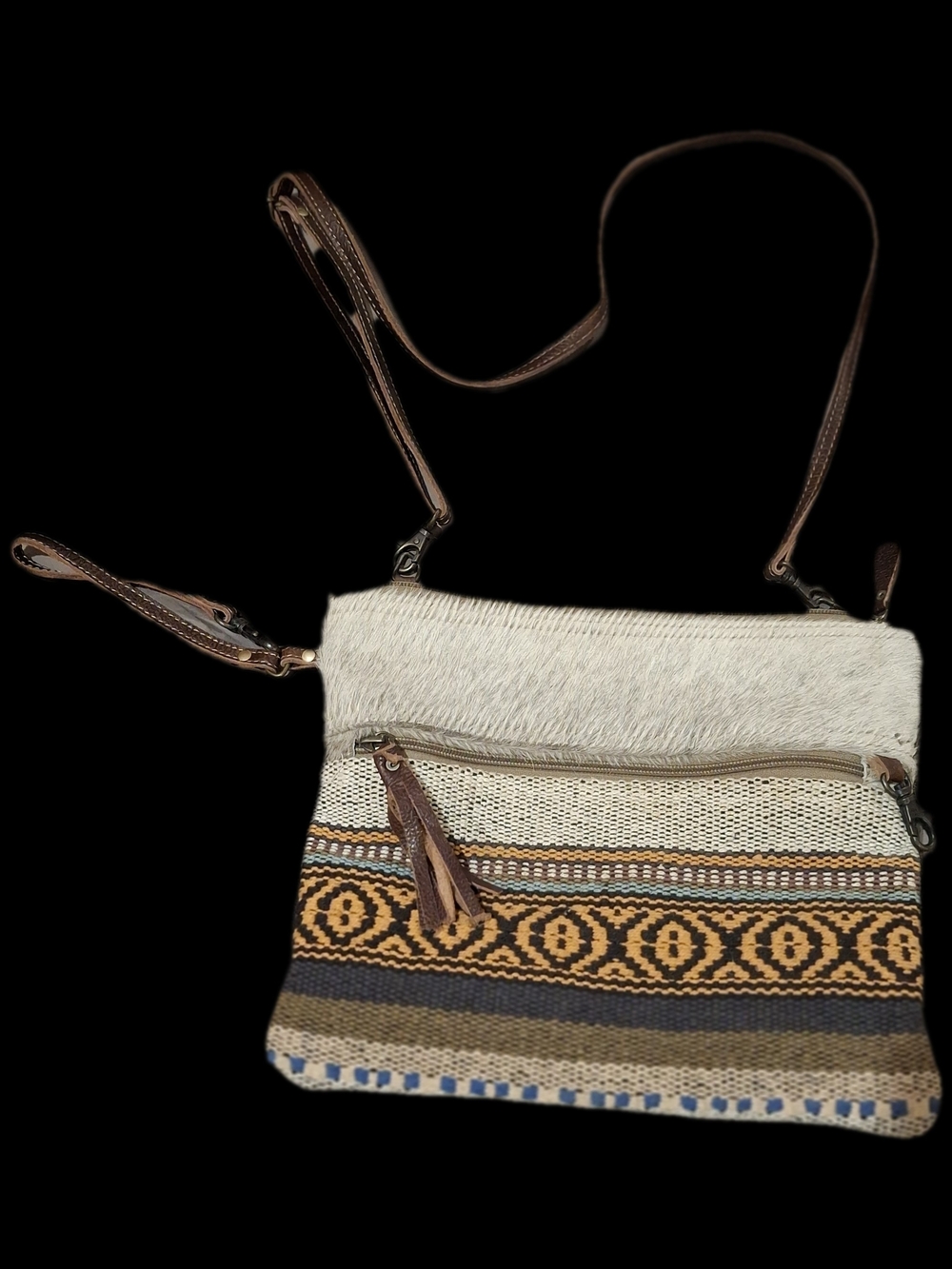 Myra Bag Cream, Brown & Yellow Patterned Crossbody/Wristlet with Tassel